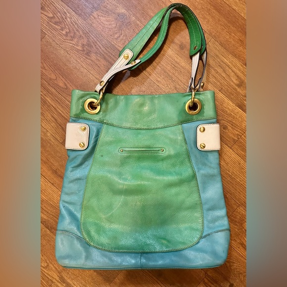 Vintage B. Makowsky Genuine Leather Color block Shoulder Bag Handbag Tote Bag - Picture 3 of 8